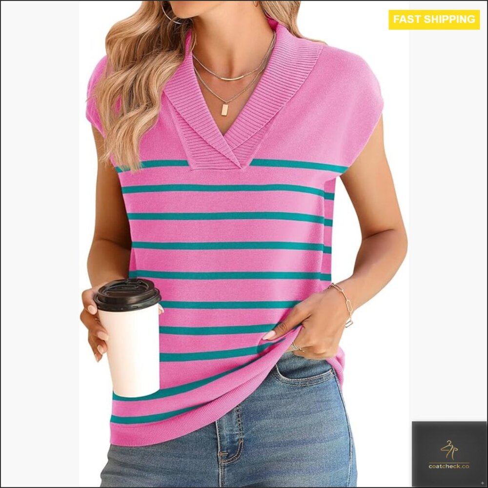 V-Neck Sweater Vest Knitted Pullover Cap Sleeve Collared Tops Dressy Casual